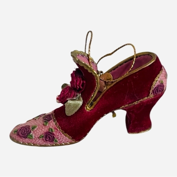 Mini Shoe Figurine Burgundy Gold Embroidered Victorian Style Shoe Xmas Ornament - Picture 3 of 5